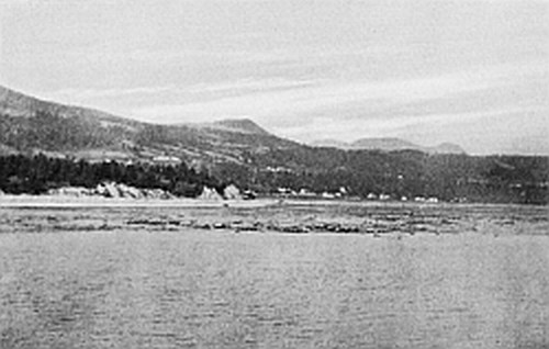 The mountainous northern shore of lower river