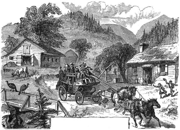 A stage coach passing some houses.