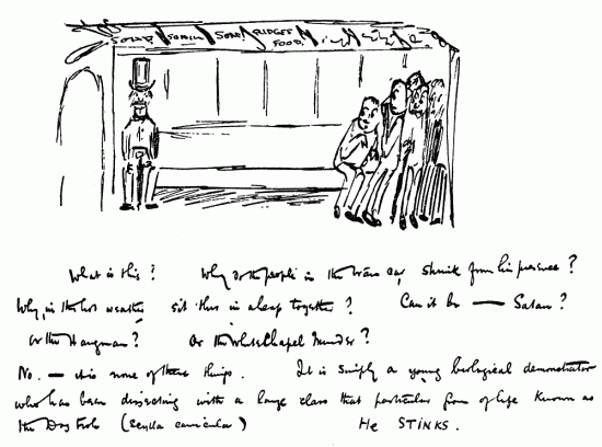 Drawing of a tram car and a hand-written note