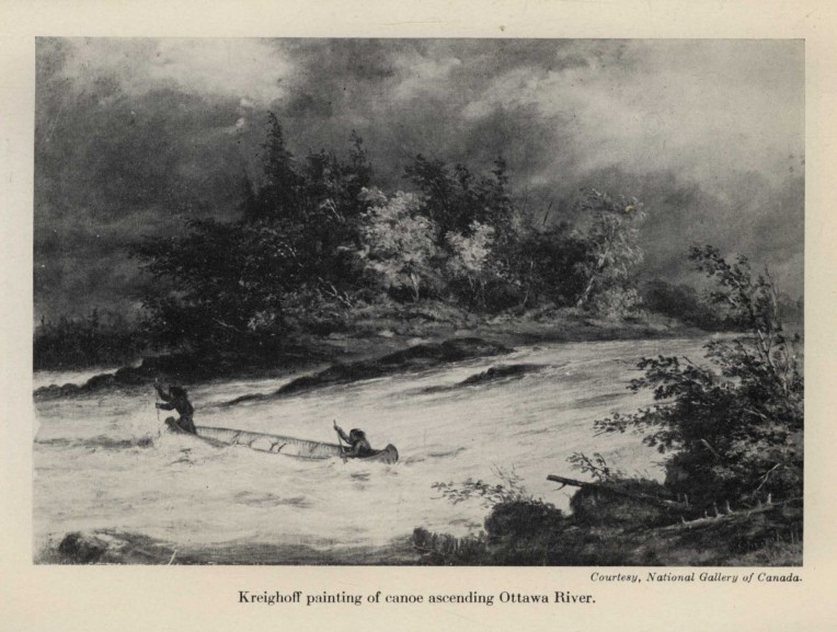 Kreighoff painting of canoe ascending Ottawa River.