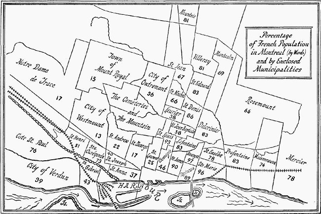 Percentage of French Population in Montreal (by Wards)
and by Enclosed Municipalities